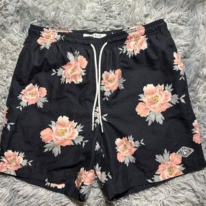 PacSun Black and Pink Floral Swim Trunks